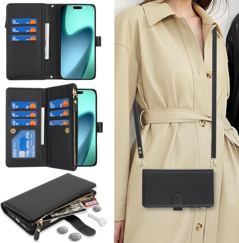 CAVOR Handykette Handyhülle kompatibel mit iPhone 17 Hülle Mit Band,Flip Leder Geldbörse Handytasche,[9 Kartenfach][Magnetisch],Klapphülle Handyhülle mit Umhängeband - Schwarz