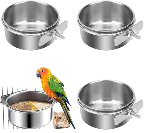 Ciotola per uccelli in acciaio inox, 4 pezzi, accessori per gabbia per uccelli, ciotola per mangime, da appendere, ciotola per acqua, abbeveratoio per uccelli, per semi di uccelli, pappagalli, argento