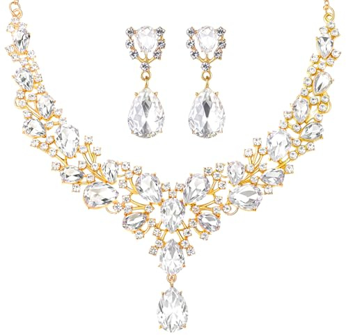 Hicarer Bridal Teardrop Cluster Crystal Jewelry Set for Women Necklace Earrings Wedding (White Gold)