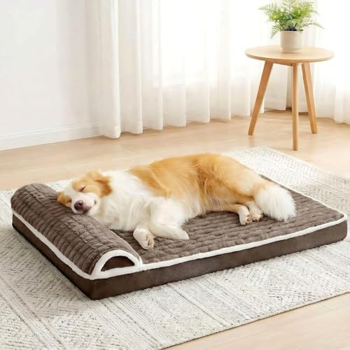 Jolibean Panier Chien Grande Taille Orthopédique, 91x61 cm | Panier Chien Déhoussable Lavable en Machine, avec Oreiller Latéral Moelleux, Tissu Imperméable, Base Antidérapante, Marron