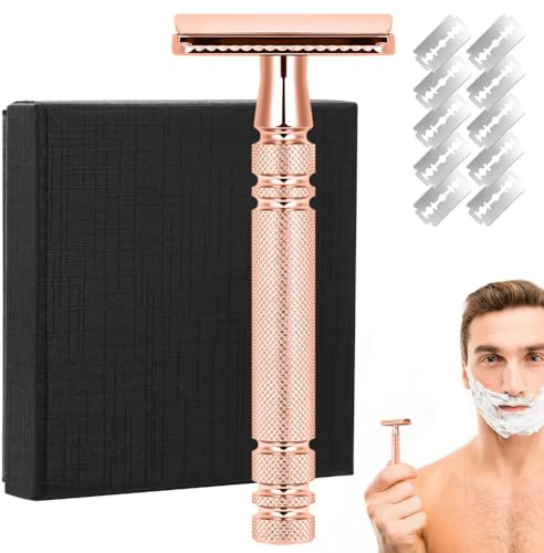 BUTBU Rakhyvel för män, dubbeleggad rakhyvel för män och kvinnor med 10 blad, klassisk manuell rakning, Safety Razor Kit i rostfritt stål för alla hudtyper, roséguld