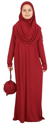 Prien Hijab Bönekläder För Barn, Mjuk Viskos Flickor Abaya Med Sjal Och Ficka, Dam Muslimsk Långärmad Islamisk Böneklänning Kaftan För Tesettür Ramadan & Eid, Bordeaux, one size