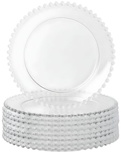 Playlearn Luxia 20pcs Reusable Clear Dessert Plastic Plates with Beaded Trim - Crystal Clear Finish | Heavy Duty Round Charger Plate for Elegant Weddings, Banquets, and Home Decor