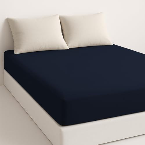 Sábana Bajera Ajustable Cama 150x190 cm - Ropa de Cama de Microfibra Suave - Altura 30 cm - Transpirable y Fácil de Lavar - Azul Marino