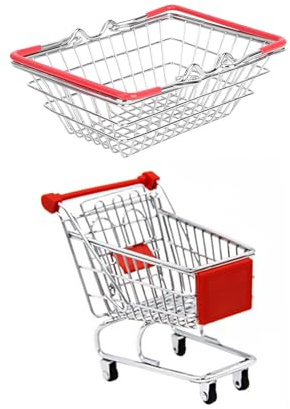 jojofuny 2Pcs Mini Shopping Trolley Food Basket Set Stainless Steel | Novelty Snack Serving Tray and Desk Organiser for Fries Crisps Chicken Wings Grocery Pretend Play