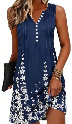 GRMLRPT Fritidsklänning för kvinnor, boho, lätt, sommarklänningar, ärmlös, v-ringad, elegant, kort, strandklänning, blommor, luftig, klänning, Hawaii-klänning, basic (flerfärgad, S–XXL)