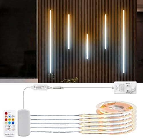 5 Pcs x 1M/3.3ft 2700K-6500K CCT COB LED Strip with Remote Contronl Cabinet Light Kit, 24V 5M Warmwhite/Natural White/White COB Cabinet Led Strip Light for Shelf，Showcase & Acoustic Panel Lighting