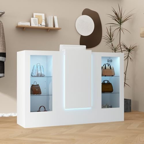 HEMBRY Mehr Umsatz durch Präsentation 150cm Profi-Empfangstheke mit Glasvitrine, Rezeptionstresen mit Tastaturauszug für Nagelstudio & Beauty-Salon, Weiß