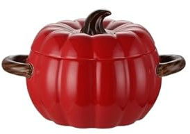 Olla holandesa de cerámica de 50 oz con tapa, cacerola de Halloween en forma de calabaza, olla sopera de cerámica for uso sin llamas abiertas(Red)