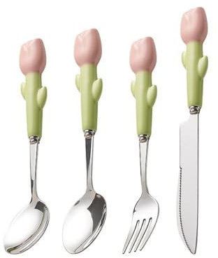 Set di Posate in Ceramica Semplice, Acciaio Inossidabile, Coltello, forchetta, Cucchiaio, Coltello da Bistecca, Posate da Cucina, Posate, cucchiaino (Rosa, 4 Pezzi)