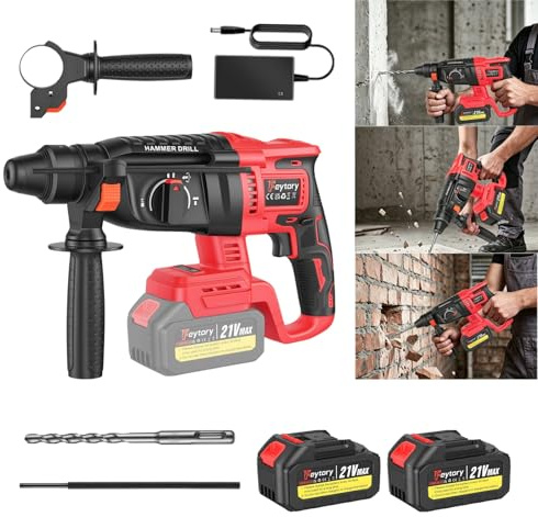 4-in-1 Cordless Rotary Hammer Drill, 21V SDS-Plus with Chisel Mode & Adjustable Chisel Position, 4500 BPM Impact,2 Batteries 1300mAh, Fast Charger for Wall Chasing, Tile Removal & Concrete Drilling