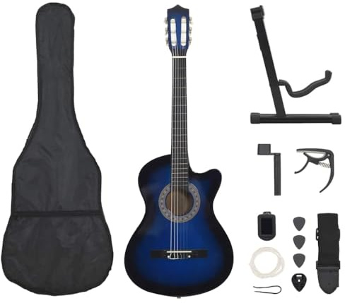 LoogCape Guitarra Western Set de 38 pulgadas azul con 6 cuerdas para principiantes y avanzados, incluye funda, correa, púas, afinador y accesorios para niños y adultos