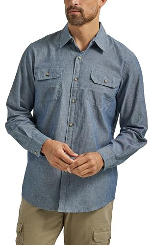 Wrangler Authentics Men's long Button Down Shirt, Dark Chambray, L UK