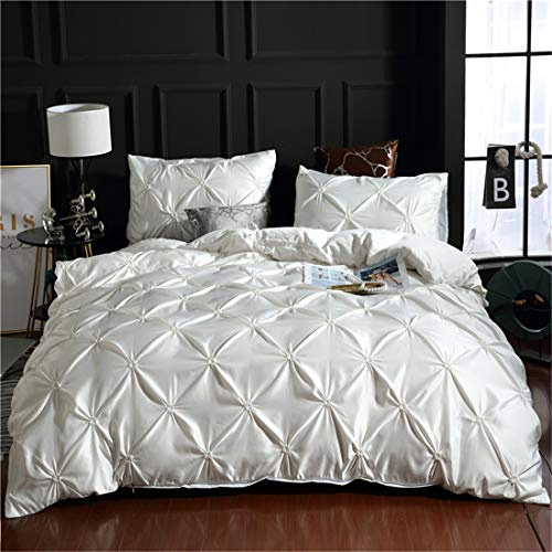 Erosebridal White Pinch Pleated Duvet Cover Set King Size Silk Like Satin Pintuck Bedding Set with Zipper Ruffle Design Luxury & Microfiber Comforter Cover Pintuck Decorative Bedspread Cover