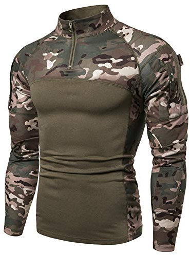 Men's 1/4 Zip Tactical Long Sleeve Shirt Military Style Combat Shirt with Pockets Airsoft Top Outdoor Clothing for Hunting Camping Hiking Green Camo M
