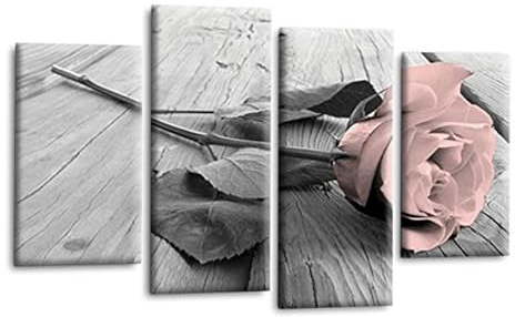 LR Floral Pink Rose Wall Art Picture – Grey & White Framed 4 Panel Split Canvas Print | Ready to Hang | Modern Wall Art for Living Room, Bedroom & Office