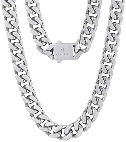 KRKC&CO 12mm Panzerkette, Weißgold plattiert Cuban Link Chain, Edelstahl Panzerkette Herren Silber Kubanische Gliederkette, Herren Silberketten Hip Hop Kette für Männer Jungen Größe 56cm