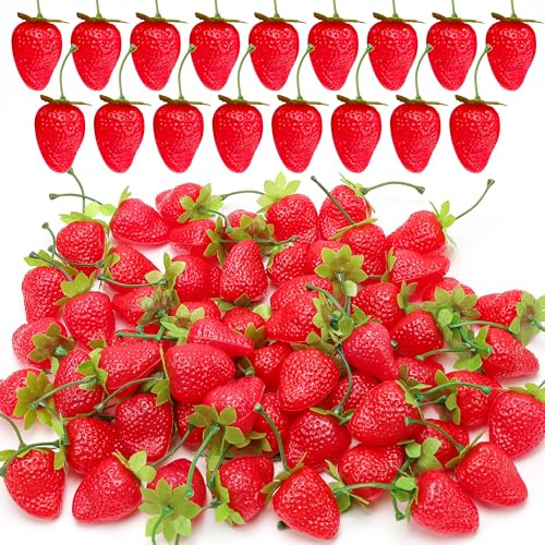 Meiwlong 30 PCS Künstliche Erdbeere Rot Realistisch Erdbeeren Gefälscht Simulation Kunststoff Früchte Erdbeere Lebensecht Ornament Faux Erdbeere Klein Requisiten Haushalt Küche Party Hochzeit
