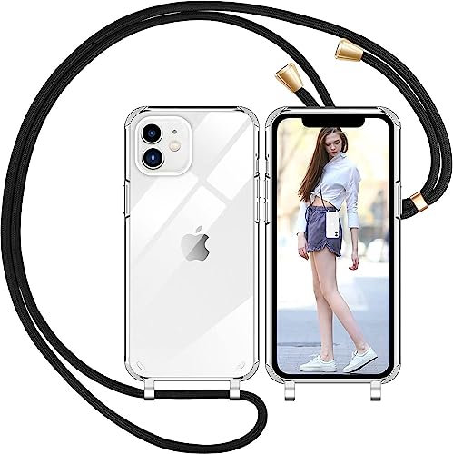 Nupcknn Handykette für iPhone 12/12 Pro Hülle mit Band,Dünn Transparent Handyhülle (Abnehmbar Einstellbar) Necklace mit Kordel zum Umhängen Kameraschutz Handy Kette Stossfest Schutzhülle(1.6M,Schwarz)