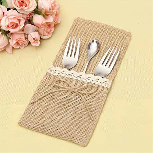 SWECOMZE 10 Stück Bestecktaschen Jute Spitze Besteckbeutel Besteckhalter für Hochzeit Geburtstag Party