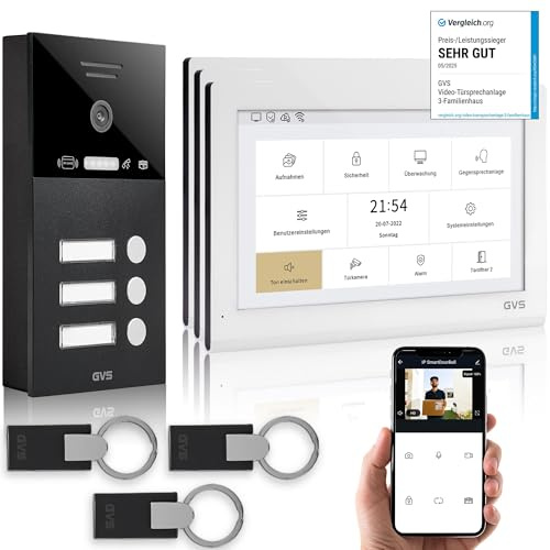 GVS IP Video Türsprechanlage 3 Familienhaus RFID Türöffner - 3X 10 Monitor | Smarte Video Türklingel mit Kamera und Monitor & App - Gegensprechanlage mit Türöffner (AVS5443A)