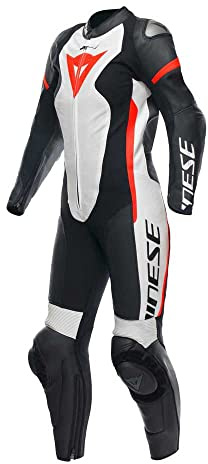 DAINESE Grobnik Tuta in pelle moto da donna a 1 pezzo, nero/bianco/rosso neon, 46