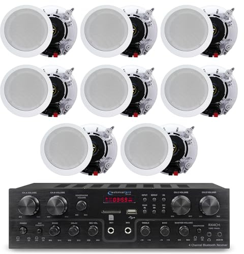 Technical Pro Home Theater System Kit with 1000 Watts 4-Chanel Bluetooth Receiver & 8 Qty 6.5 200 Watts in-Wall in-Ceiling Speakers of 2-Way Stereo Sound with Woofer/Tweeter, Flush Design