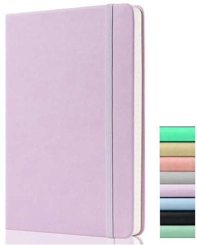 Dotted Journal Notebook - A5 Dotted Notizbuch - 120gsm Papier, 172 Seiten, Veganes Leder Hardcover Notizbuch Gepunktet mit Rückentasche, 2 Mark Ribbons, Flieder