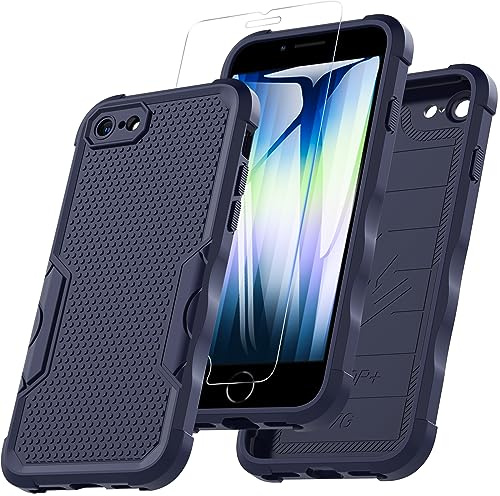 Hülle für iPhone SE 2020, iPhone SE 2022, iPhone 8/7, Stoßfest Robuste Hülle mit 9H Displayschutz Glas Fallschutz Handyhülle, iPhone SE 2020 TPU Outdoor Hülle mit Kameraschutz