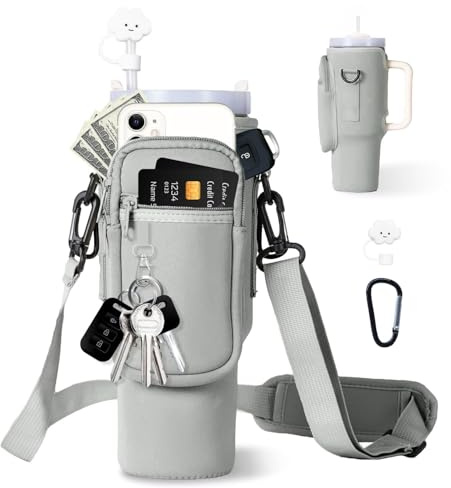 dabria Water Bottle Carrier Bag with Phone Pocket for Stanley 40/30 oz Tumbler Neoprene Water Bottle Holder Pouch with Adjustable Strap Bollus with Straw Cover & Carabiner for Stanley Cup Accessories