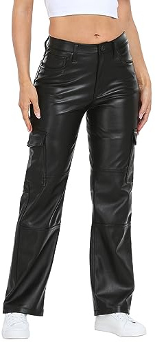 HDE Women's Faux Leather Cargo Pants with Pockets High Waisted Y2K Relaxed Pant Black - 29