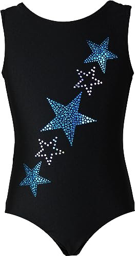 Gymnastikanzug Turnanzug Sterne Strasssteine Mädchen Kurzarm Kinder Turnbody, Größe:146/152 Farbe:Lycra Schwarz - Türkis