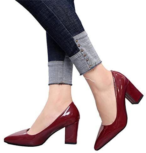 seiveini Damen Pumps mit Spitzer Zehenpartie High Heels Pumps Lack mit Chunky Absatz Klassische Business Pumps Elegante Büroschuhe Hochzeitsschuhe Chic Mode A Weinrot 39 EU