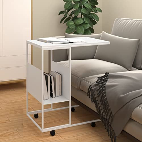 ZEYUAN Beistelltisch mit Rollen, Kleiner Tisch, Sofatisch, Side Table, Laptop Tisch, Pflanzenhocker, Druckertisch, Telefontisch, Sofa Table, Tabletttisch, Weiß 55x36x63,5 cm Holzwerkstoff