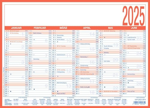 Zettler - Arbeitstagekalender 2025, 29x21cm, Plakatkalender mit 6 Monaten auf 1 Seite, Mondphasen, Arbeitstage-, Tages- und Wochenzählung, Ferientermine und deutsches Kalendarium