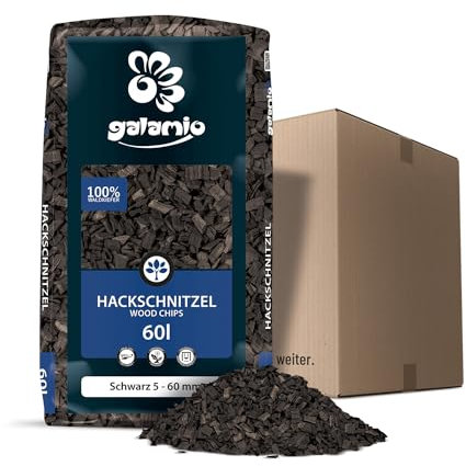 GALAMIO Holzhackschnitzel Schwarz Hackschnitzel Mulch Natur Wald Kiefer Pinus Sylvestris Garten Dekor Holz Häcksel Grob 5-60mm 60l Sack / 1 Karton