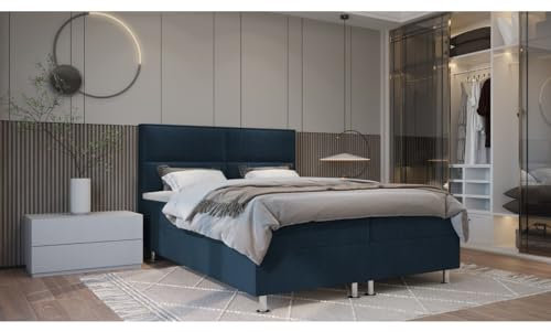 Verona Idee Boxspringbett ALBA Kontinental 6 Größen Inkl. Lattenrost XXL Bettkasten 140cm x 200cm blau Bonell Matraze und Toper 4cm