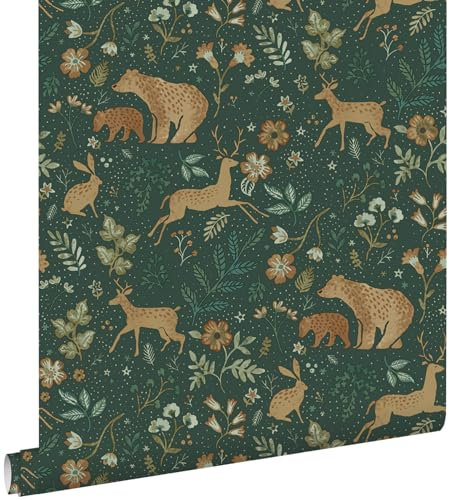 papier peint forêt avec des animaux de la forêt vert foncé et beige 53 cm x 10.05 m - ESTAhome
