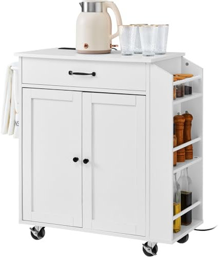 VEVOR Chariot d'îlot de Cuisine, 66 cm, desserte de Cuisine Mobile avec Armoire de Rangement, Table avec Prise de Courant, Support à épices, Barre à Serviettes, étagère réglable, pour Salon, Blanc