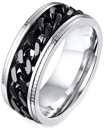 Grewod Ring Angst, 8MM Edelstahl Herren Ring Silber Schwarz Spinner Ring Kette Anti Stress Ring Größe 60 (19.1)
