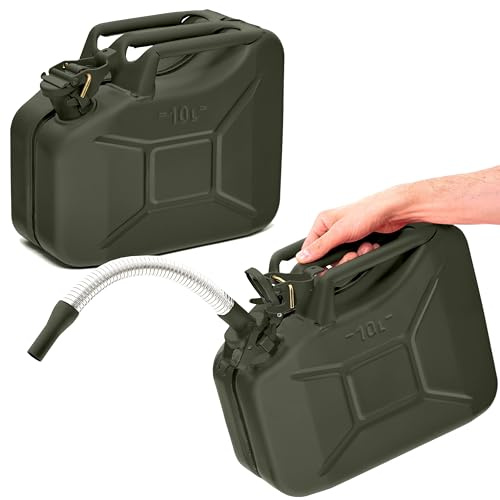 BW® Benzinkanister Metall 2x 10 Liter mit Ausgießer - Kraftstoffkanister Bronzegrün - RAL 6031-F9 - TÜV-geprüft und UN-Zulassung - 0,9mm Stahl nach DIN 7274 - Made in Europe