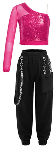 Xnihocha Conjuntos de disfraz para niña, hip hop, ropa de danza para niños, lentejuelas, manga larga, camisetas de baile con pantalones, fitness, traje de baile, Rosa intenso., 122-128