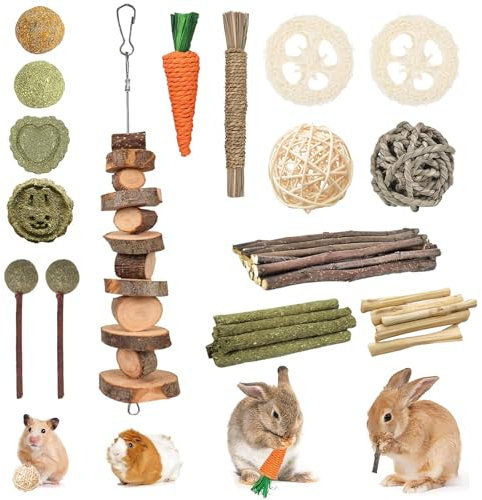 Ksvaye 14 Stile Kaninchen Spielzeug Natürliche Kauspielzeug für Meerschweinchen Hamster Hasen Molarspielzeug, Kleintiere Zubehör Zahnpflege für Häschen Chinchilla Hamster Rennmäuse, Handgefertigt