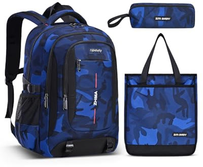 Amythe Schulrucksack Jungen Teenager, Schulranzen für Jungen der 3. 5. bis 7. Klasse, Wasserdicht Camouflage Schultasche Set mit Umhängetasche Stifttasche, Großer Lässiger Rucksack, Blau