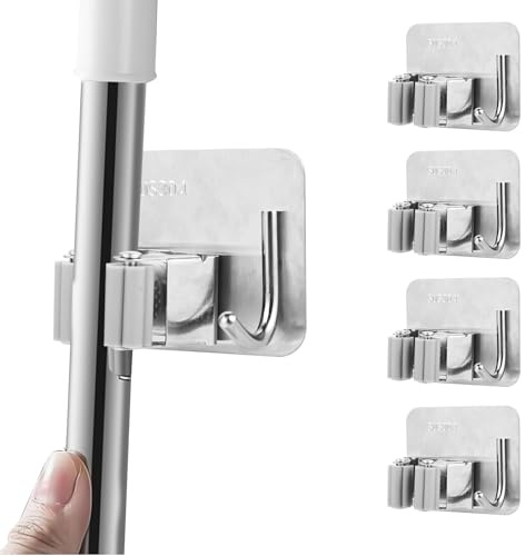 4 Stück Besenhalterung Wand Selbstklebend - Gerätehalter aus Edelstahl ohne Bohren mit Haken für Küche Badezimmer Garten Balkon (Silber)