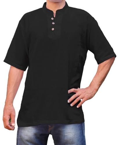 SAVARI - Camisa Manga Corta Hombre de Algodón Cuello Mao, Botones de Madera de Coco. Unisex Casual, Fresca, Ligera y Transpirable. Camisas Hombre Manga Corta, Yoga (M, Negro)