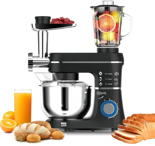 Fentic 5 en 1 Robot Pâtissier – 1400W - Av. Hachoir à Viande, Mixeur 1,5L, Cutter, Accessoires – Robot Cuisine Multifonctions Av. 10L Bol Mélangeur, Fouet, Crochet Pétrisseur, Batteur,Black