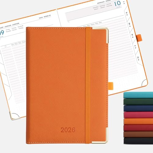 IN-LUXPRO Kalender 2026 Tagesplaner 21,5 x 15cm Tageskalender 1 Tag 1 Seite (Montag - Sonntag), Terminplaner(Jan.2026-Dez.2026) Buchkalender mit 80GSM Papier & Stiftschlaufe Vegan-Leder orange Farbe