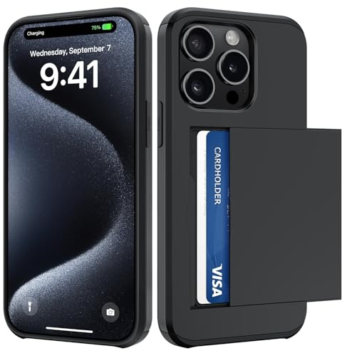 ÁRBOLORO Coque pour iPhone 15 Pro avec Porte Cartes, Étui Portefeuille Housse Fente Carte Militaire Antichoc Anti Rayures Fente Cachée Coulissante Case pour 2 Cartes, Noir