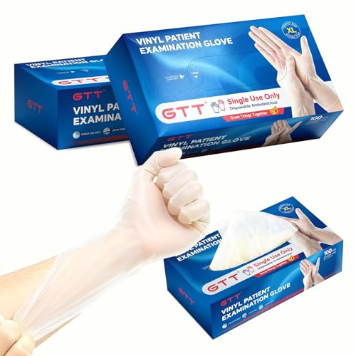 GTT 3mil Disposable Vinyl Gloves, Food Safe, Latex-Free, Powder-Free, Clear Plastic Gloves for Cooking, House Cleaning, Food Prep 200 Count Medium